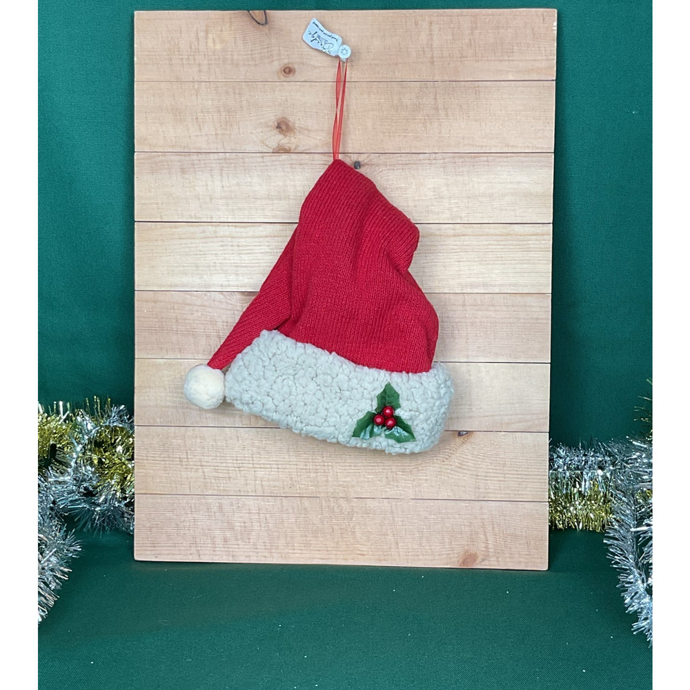 Vintage Christmas Santa Hat Shelf Sitter Knit Cap Figurine Holly Berry Decor